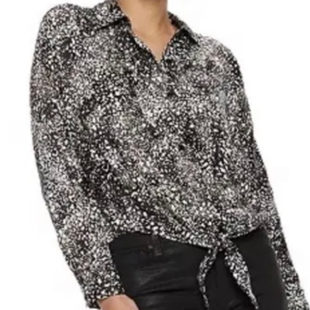 NWT - NINE-WEST Tie front button down top, Black White Tan - XXL - P2P 26 inches